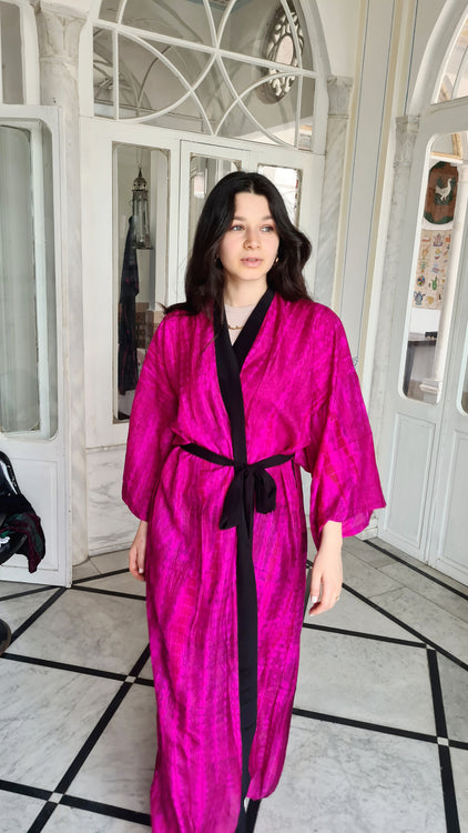 fuchsia recycled silk kimono dress